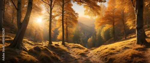 This image is a digital creation depicting a serene autumn forest scene with a trail leading into the distance.