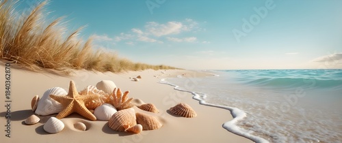 Serene Beach with Seashells and Starfish — Sunny Coastal Shoreline Landscape.