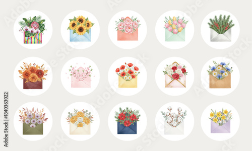 Watercolor Collection of Flowers and Bouquets in Envelopes