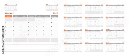 Calendar planner 2026 year, schedule month calender, American organizer template. Week starts on Sunday. Business personal page. Modern simple dairy for USA. ideal for organizing schedules, events