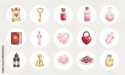 Watercolor Collection of Love Potions, Romantic Accessories, and Jewels