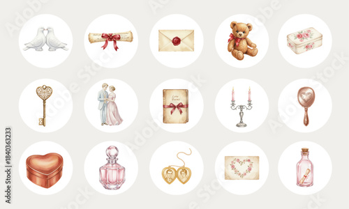 Watercolor Collection of Romantic Vintage Wedding Accessories and Gifts