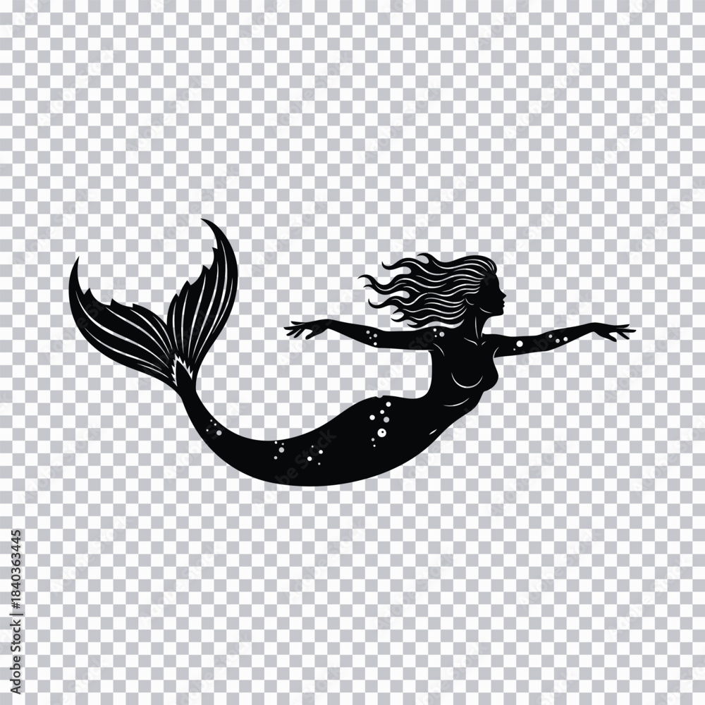 Obraz premium Silhouette of a mermaid swimming with flowing hair and tail on transparent background Keywords