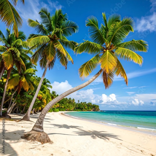 Tropical beach with palm trees under a vibrant blue sky