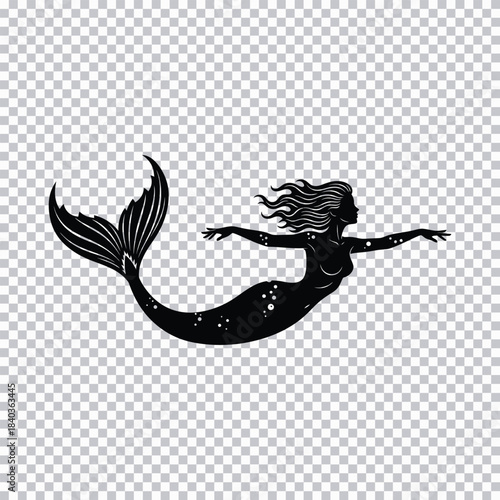 Silhouette of a mermaid swimming with flowing hair and tail on transparent background Keywords