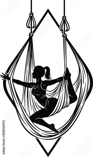 Aerial yoga pose, suspended hammock stretch, fitness flexibility, body balance, wellness exercise, graceful movement, black and white silhouette, cad drawing flat vector illustration