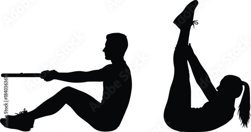 Abdominal exercise silhouette, core workout pose, fitness training motion, dual posture, strength routine, cad drawing flat vector illustration