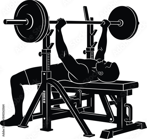 Bench press silhouette, gym workout, strength training, barbell lift, fitness pose, upper body exercise, cad drawing flat vector illustration