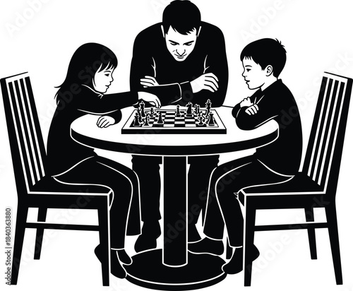 Chess game, children learning, mentor teaching, strategic thinking, family bonding, concentration, black and white, table scene, intellectual activity, cad drawing flat vector illustration