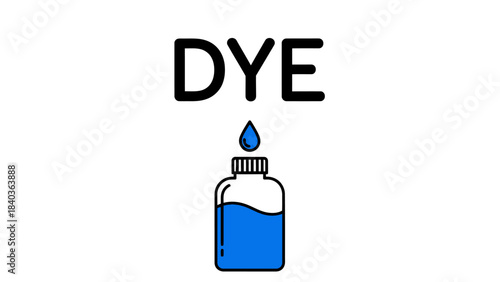 A simple, bold line icon illustration showing a laboratory bottle or container with a blue liquid in it, with a drop of dye on top (marked with the text "DYE")