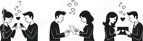 Couple digital love, smartphone romance, tablet affection, online connection, heart symbol, modern relationship, cad drawing flat vector illustration