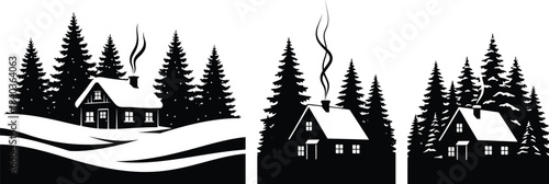 Black silhouette of winter cabin interior with snow and pine trees in winter landscape