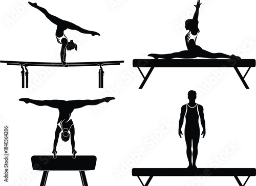Gymnastics silhouette, artistic gymnasts, apparatus routine, balance beam, pommel horse, uneven bars, athletic pose, cad drawing flat vector illustration