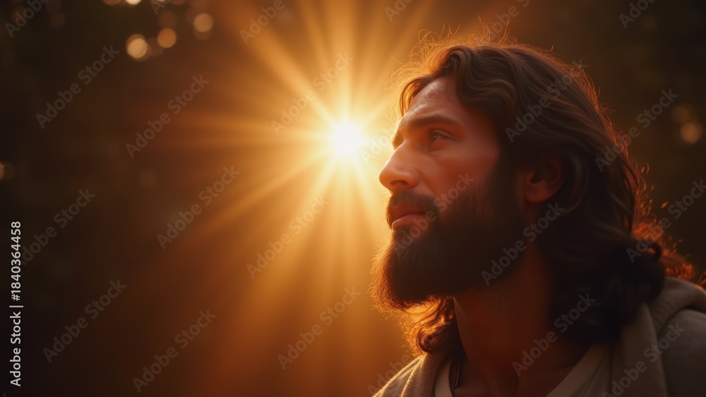 Fototapeta premium Jesus Christ with long hair and beard gazing upward at radiant sunburst halo in peaceful profile portrait with divine golden light, concept of christianity, faith, spiritual inspiration