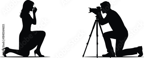 Photography session silhouette, camera tripod setup, kneeling pose, subject and photographer, creative moment, cad drawing flat vector illustration