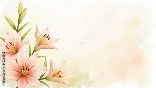 Delicate pink and cream lilies with green leaves arranged in bottom left corner on soft watercolor beige background, concept of easter greetings, wedding invitations, sympathy cards