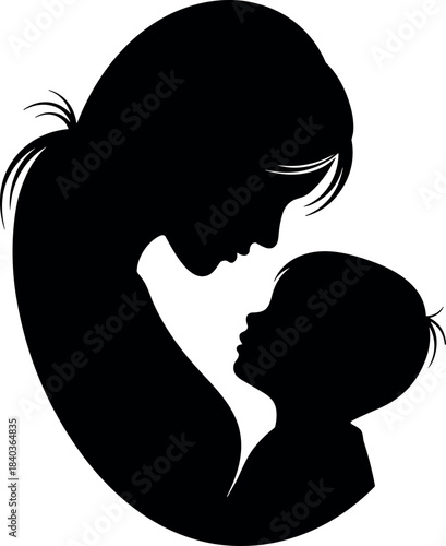 Black silhouette of mother holding baby in profile view child