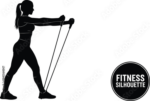 Resistance band workout, fitness silhouette, strength training pose, exercise tension, home gym activity, cad drawing flat vector illustration