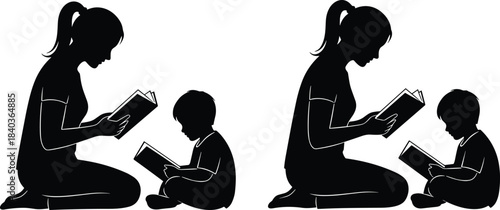 Reading together silhouette, woman and child, education moment, parenting scene, literacy activity, mirrored pose, cad drawing flat vector illustration