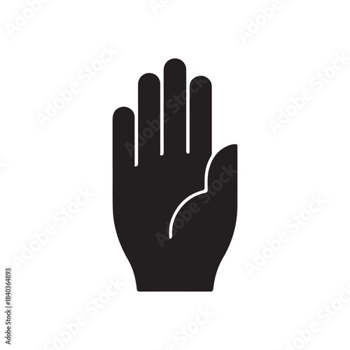 Hand Gesture: A stylized graphic of a hand with open palm, rendered in solid black. A simple design, that can convey various meanings depending on context