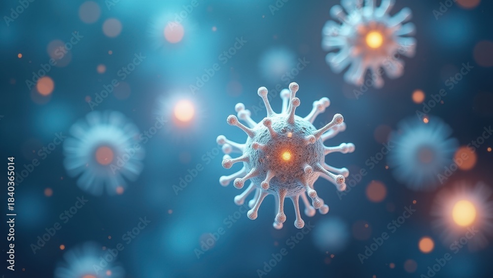Obraz premium 3d rendered coronavirus particles floating in blue microscopic environment with glowing cores and spike proteins, concept of virology research, pandemic awareness, medical science