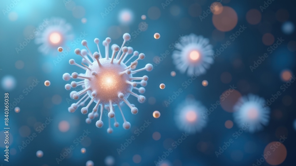 Fototapeta premium 3d rendered coronavirus particles floating in blue microscopic environment with glowing cores and spike proteins, concept of virology research, pandemic awareness, medical science