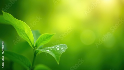 Fresh green leaf with morning dew drops in soft sunlight against blurred natural green background with significant empty space, concept of eco friendly products, wellness spa, organic skincare