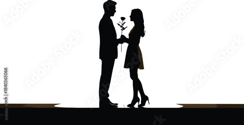 Romantic couple silhouette, rose gesture, love moment, emotional connection, proposal scene, affection symbol, cad drawing flat vector illustration