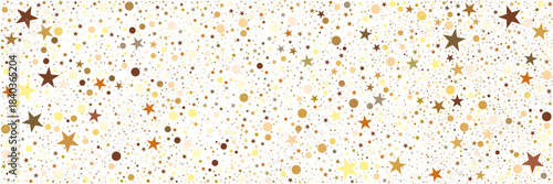 Background of golden confetti. Multicolored circles and stars of different sizes are scattered close to each other, a confetti banner on a transparent background. Vector illustration.