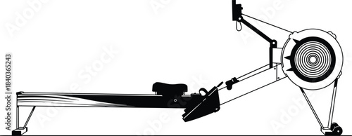 Rowing machine silhouette, indoor fitness equipment, cardio training gear, workout resistance, gym setup, cad drawing flat vector illustration