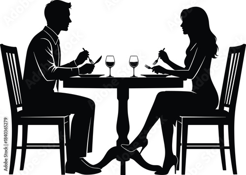 Romantic dinner silhouette, couple dining, formal meal, wine glasses, social interaction, lifestyle moment, cad drawing flat vector illustration