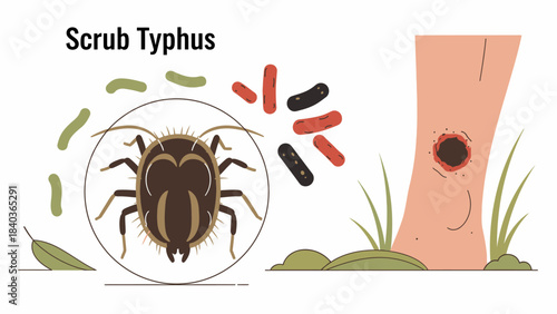 Vector Illustration of Scrub Typhus: Mites, Bacteria, and Eschar Wounds