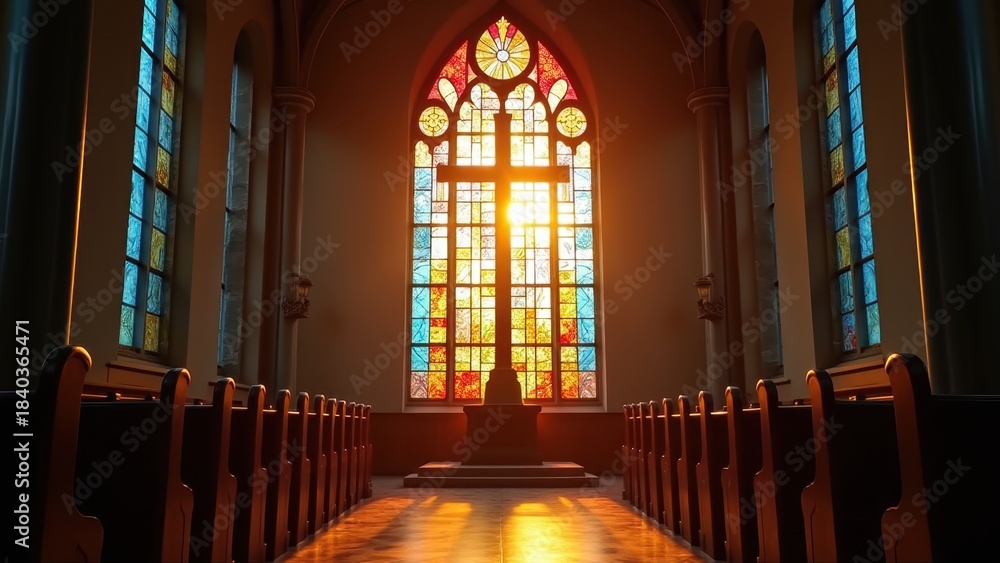 Fototapeta premium Sunlit stained glass cross window illuminating empty church interior with wooden pews and altar bathed in warm colorful light, concept of christianity, easter, worship media
