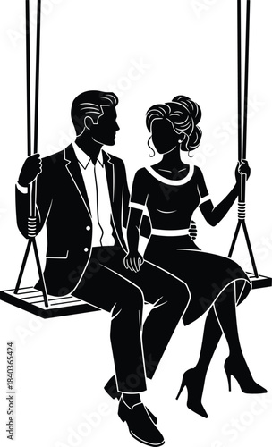 Swing couple silhouette, romantic moment, elegant pose, park love, emotional connection, stylish attire, cad drawing flat vector illustration