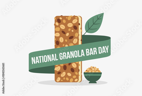An illustration celebrating National Granola Bar Day with a granola bar, a green leaf, a ribbon, and a bowl of oats on a white background.