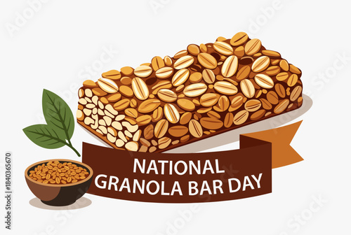 A cartoon illustration celebrating National Granola Bar Day with a large granola bar, a bowl of oats, and green leaves on a white background.