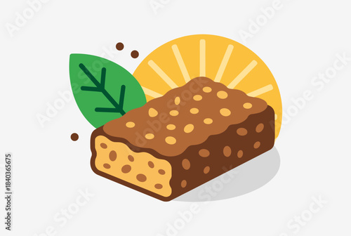A stylized illustration of a granola bar with a green leaf and a yellow fruit slice.