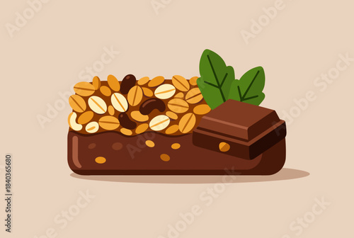 A delicious chocolate granola bar with oats, nuts, raisins, and mint leaves.