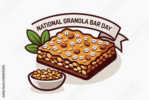 A cartoon illustration celebrating National Granola Bar Day, featuring a delicious granola bar topped with oats and nuts, accompanied by a small bowl of ingredients and green leaves.