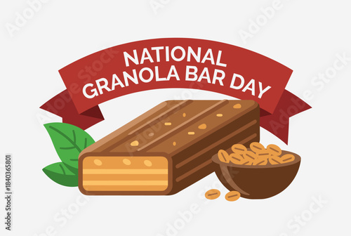 Illustration celebrating National Granola Bar Day with a delicious granola bar, a bowl of oats, and green leaves on a white background.