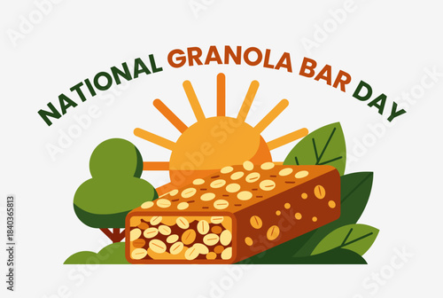 An illustration celebrating National Granola Bar Day with a granola bar, green leaves, a tree, and a sun against a white background.