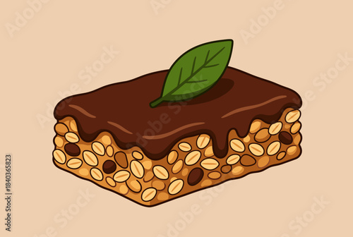 A delicious chocolate-covered granola bar topped with a fresh green mint leaf, resting on a light brown background.