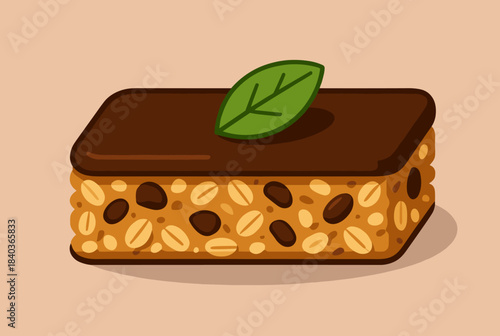 A delicious chocolate-topped granola bar with oats and a green leaf on a light background.