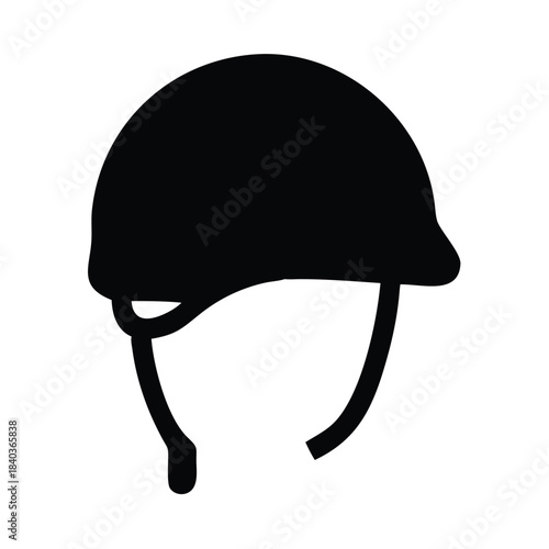 A black silhouette of a riding helmet with straps is depicted.