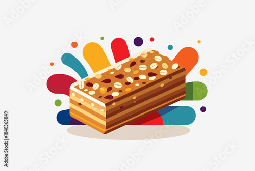 A delicious granola bar with nuts and seeds, surrounded by vibrant, colorful abstract shapes, perfect for a healthy snack.