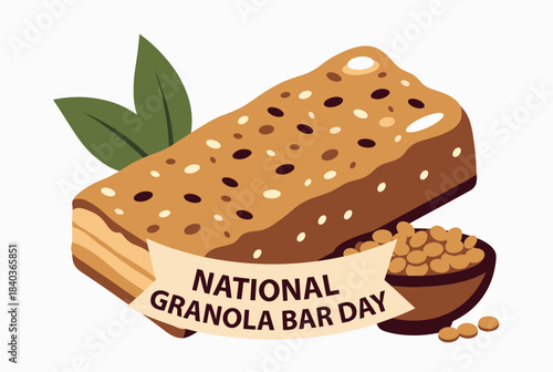 An illustration celebrating National Granola Bar Day, featuring a textured granola bar, green leaves, and a small bowl of oats.