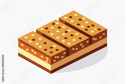 Isometric illustration of three layered dessert bars with speckled tops, resembling a sweet treat or snack.