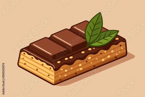 An isometric cartoon illustration of a chocolate bar with a textured base, topped with melted chocolate and two fresh mint leaves.