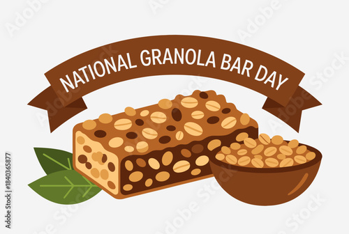 An illustration celebrating National Granola Bar Day with a granola bar, a bowl of oats, and green leaves on a white background.