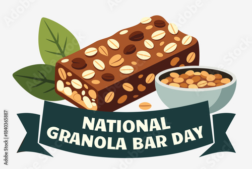 An illustration celebrating National Granola Bar Day, featuring a granola bar, a bowl of oats, and green leaves on a white background.